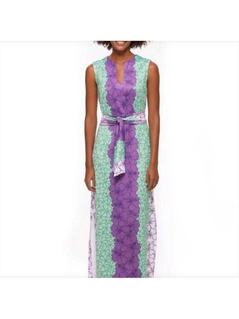 Rulon Reed Morgan Maxi Dress XS Green Purple Hibiscus Belt Sheath Resort